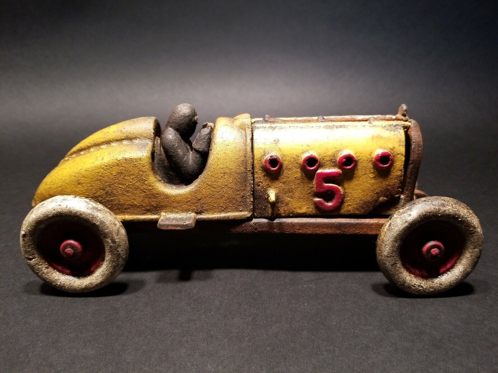 Antique Vintage Style Yellow Cast Iron 5 Toy Race Car w Lifting