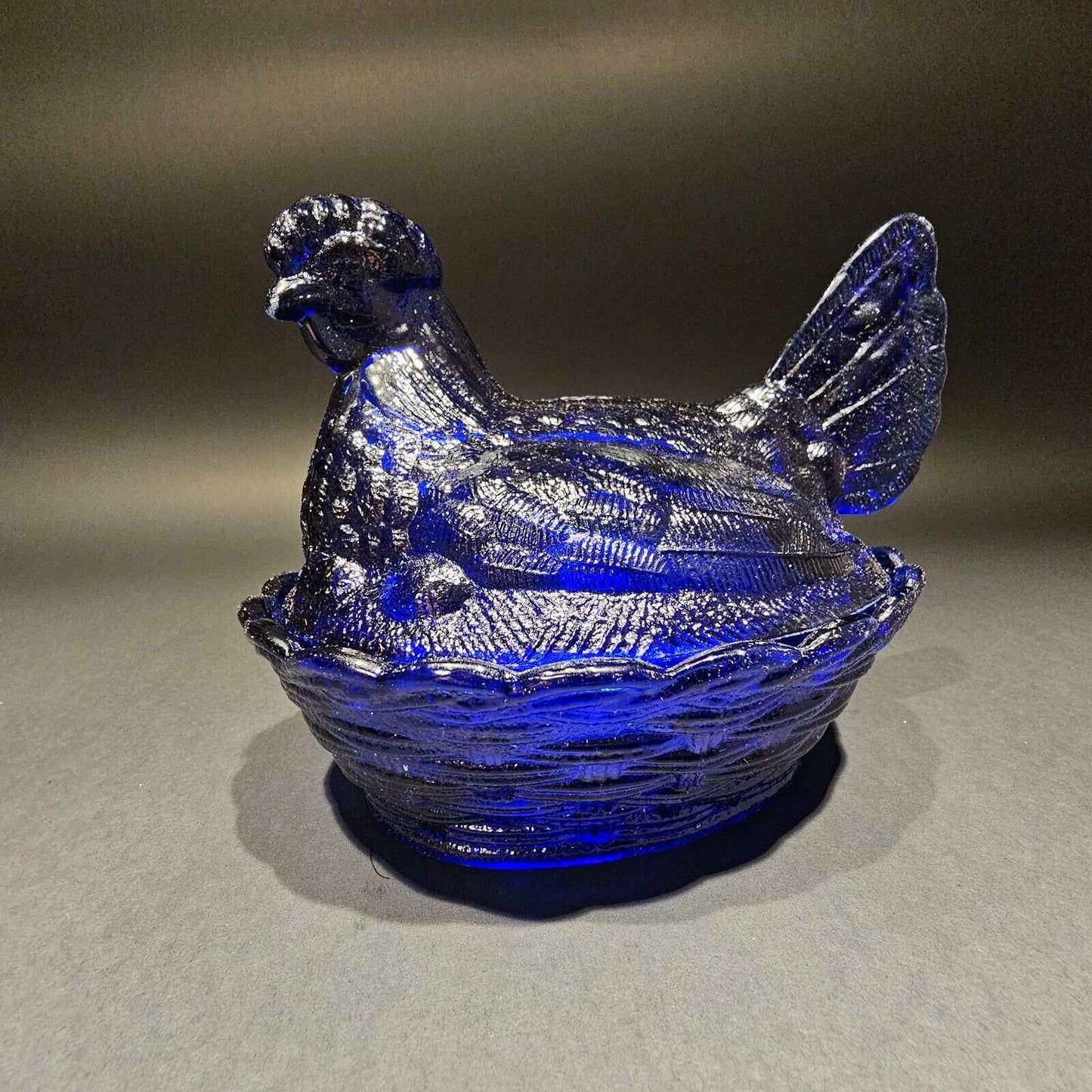 Antique Vintage Style Cobalt Blue Depression Glass Chicken Hen On Nest Dish