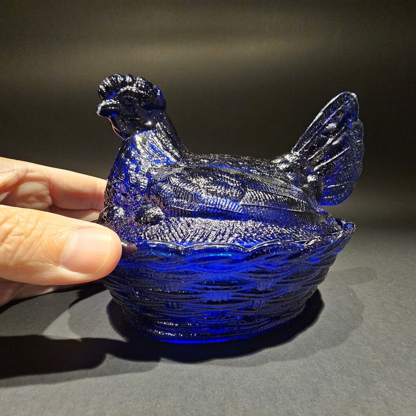 Antique Vintage Style Cobalt Blue Depression Glass Chicken Hen On Nest Dish