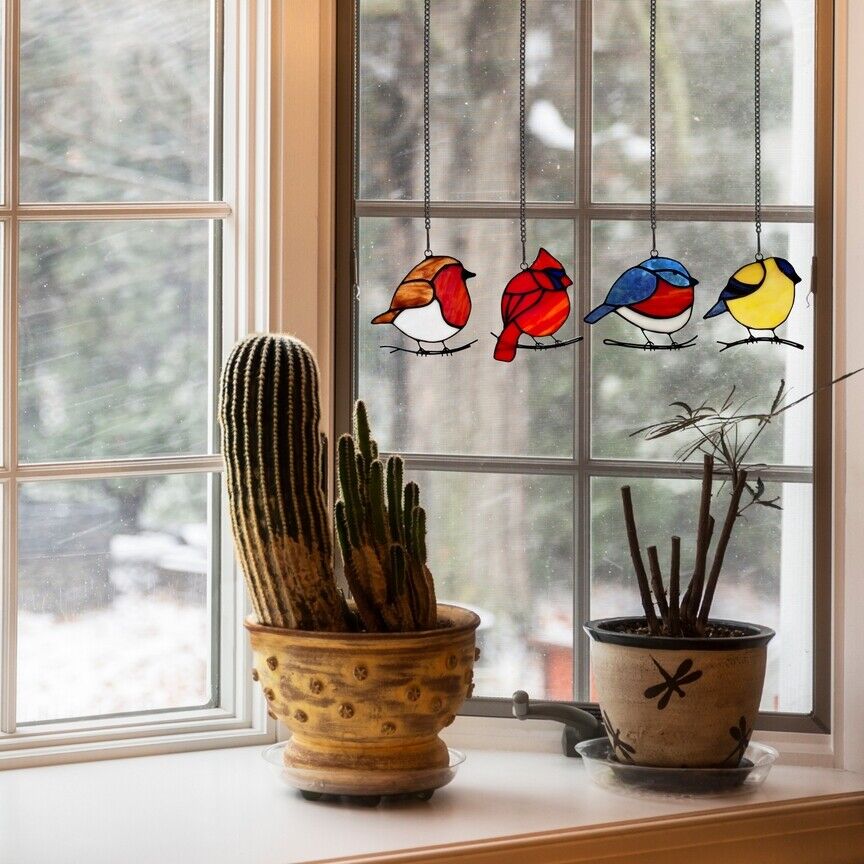 4.5" Set of 4 Stained Glass Birds Mini Window Hanging