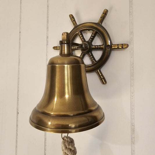 Antique Vintage Style  Brass Aluminum Ships Wheel Wall Mount Bar Bell