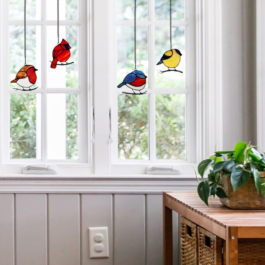 4.5" Set of 4 Stained Glass Birds Mini Window Hanging