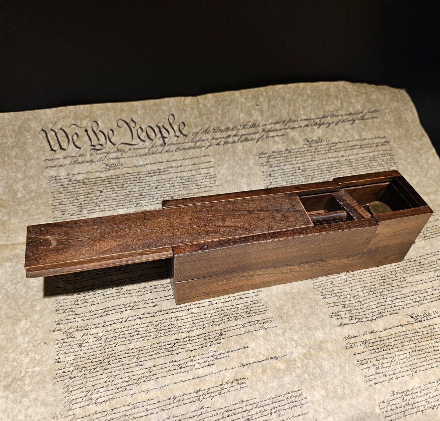Antique Style Wood Slide Lid Swing Open Writing Box Inkwell w Dip Pen