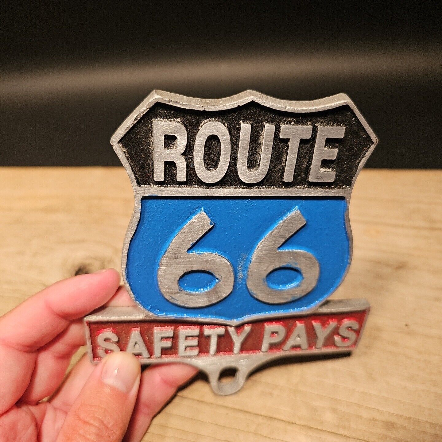 Antique Vintage Style Aluminum Route 66 Safety License Plate Fob Topper