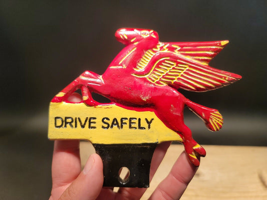 Antique Vintage Style Aluminum Pegasus Drive Safely License Plate Fob Topper