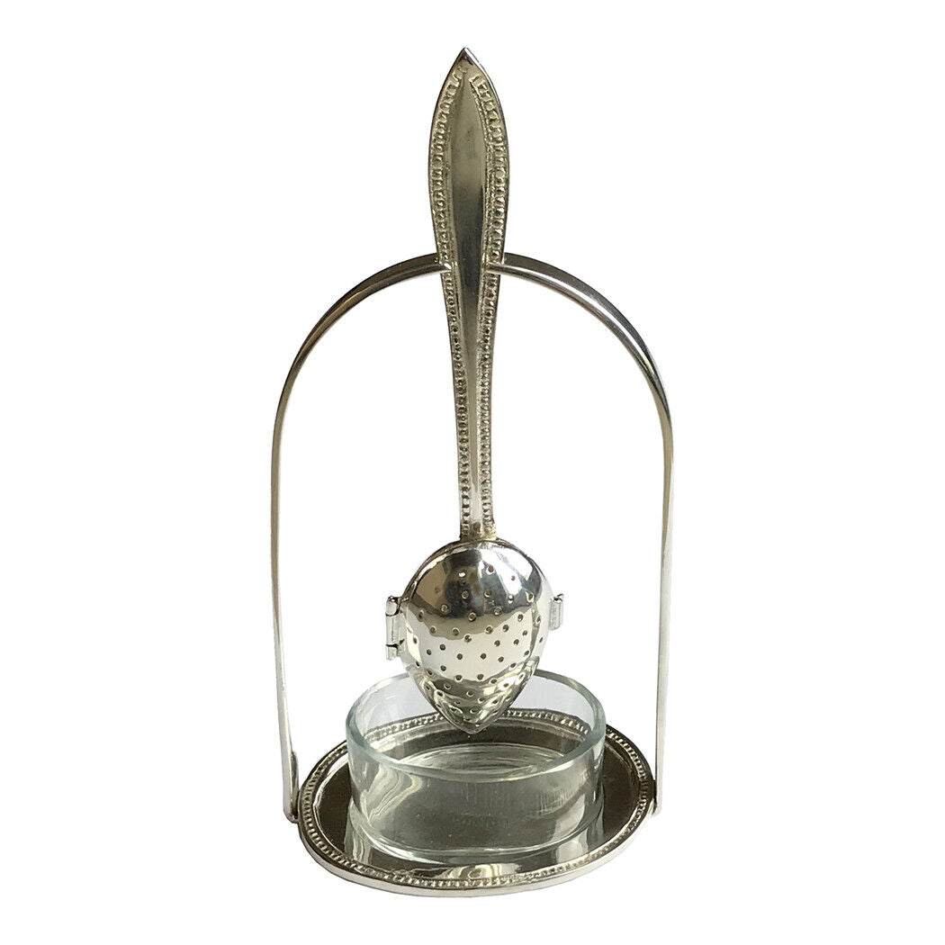 7" Silver-Plated Loose Tea Strainer Spoon and Holder with Glass Drip Cup