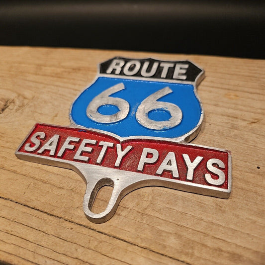 Antique Vintage Style Aluminum Route 66 Safety License Plate Fob Topper