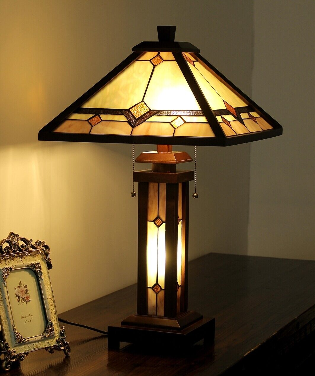 25.6  3 light Stained Glass Wood Mission Table Lamp