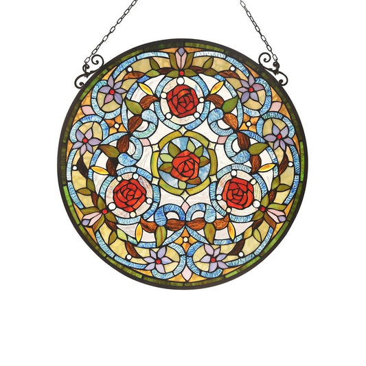 23.9" Round Floral Stained Glass Window Hanging Panel Suncatcher