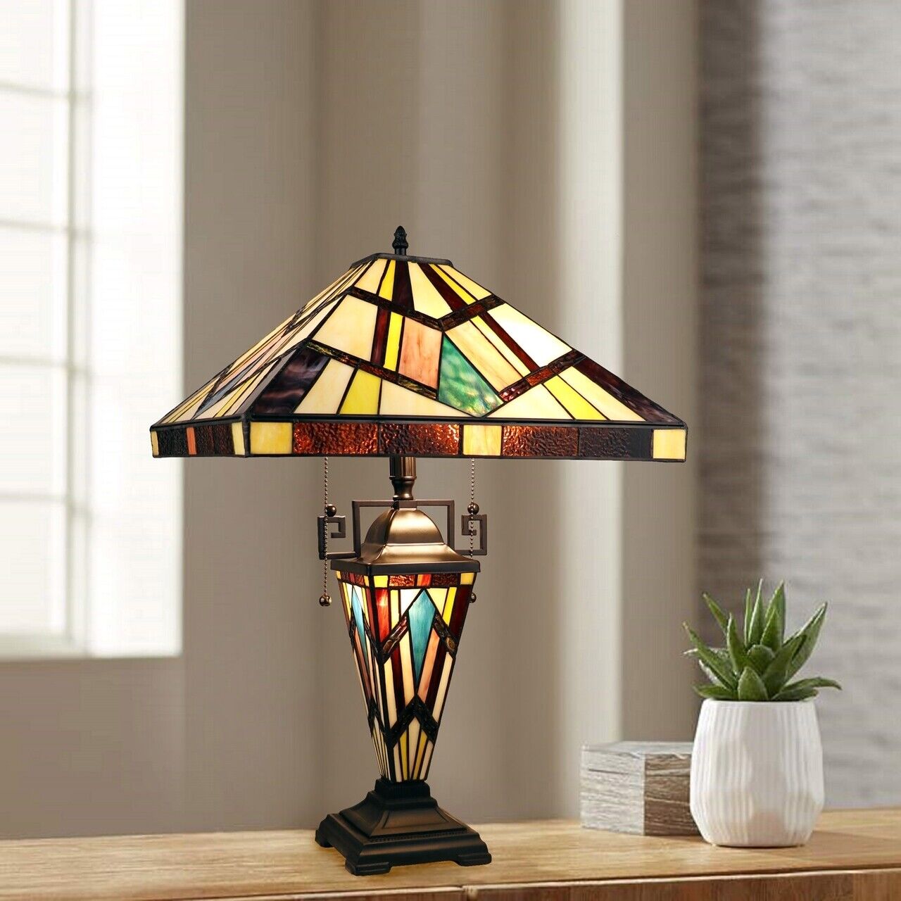 24" 3 light Antique Vintage Style Stained Glass Mission Table Lamp