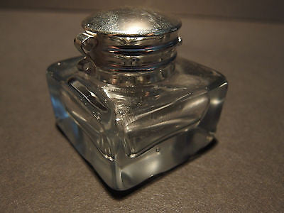 Vintage office ... 1930 pressed glass DECO INKWELL horizontal ribs BAKELITE Black lid Ink Bottle Jar pot ink well shops vintage